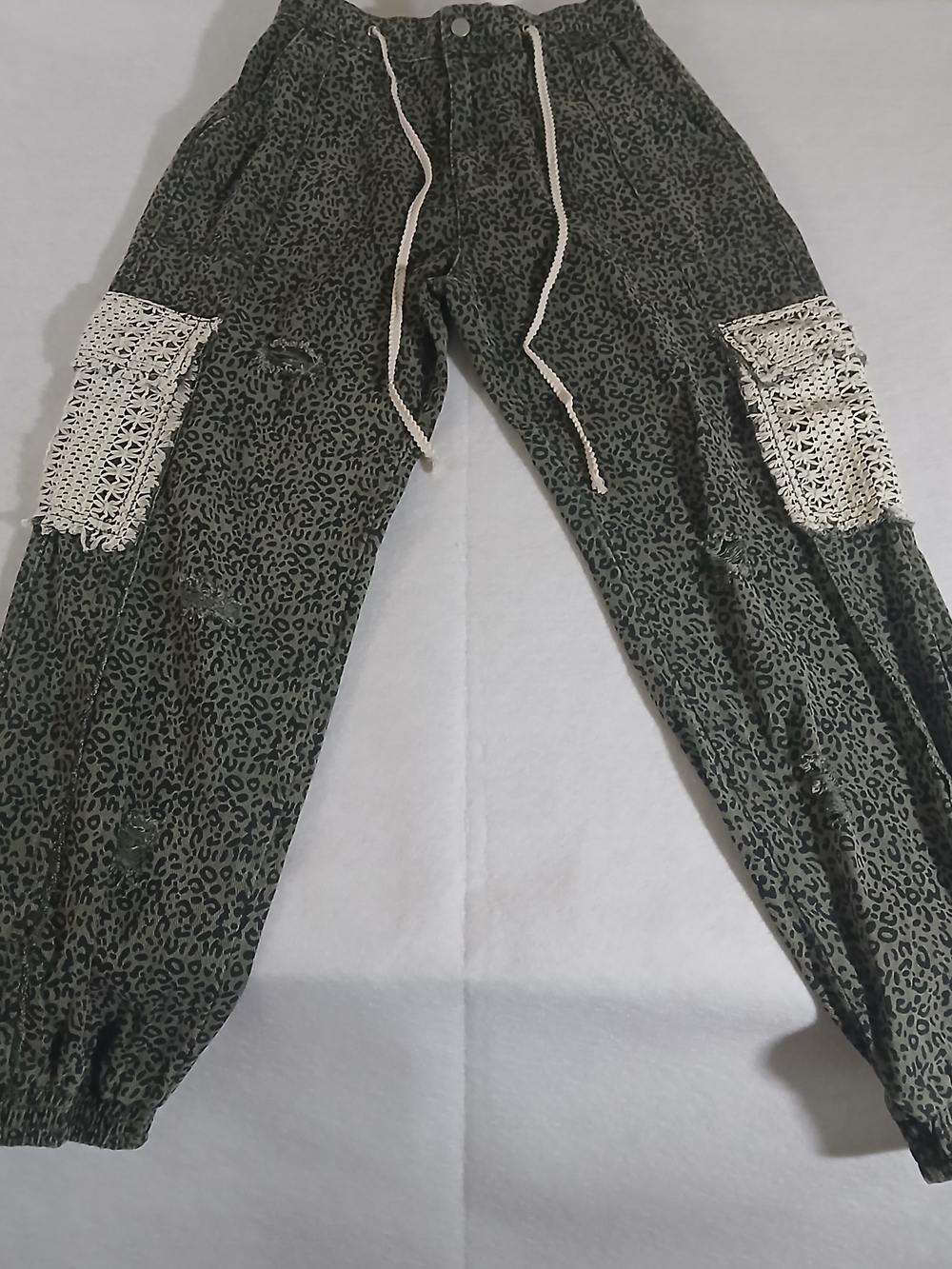 POL Olive Green Printed Jogger Pants with Crochet Pockets